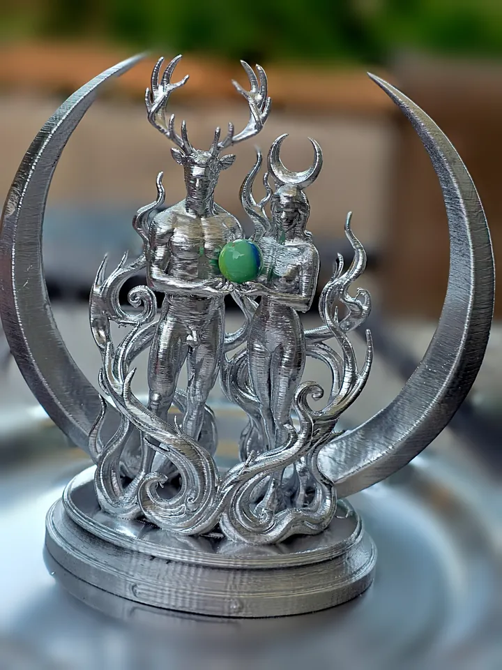 Moonfire, silver, with orb. 3D printed by Foolish Form.